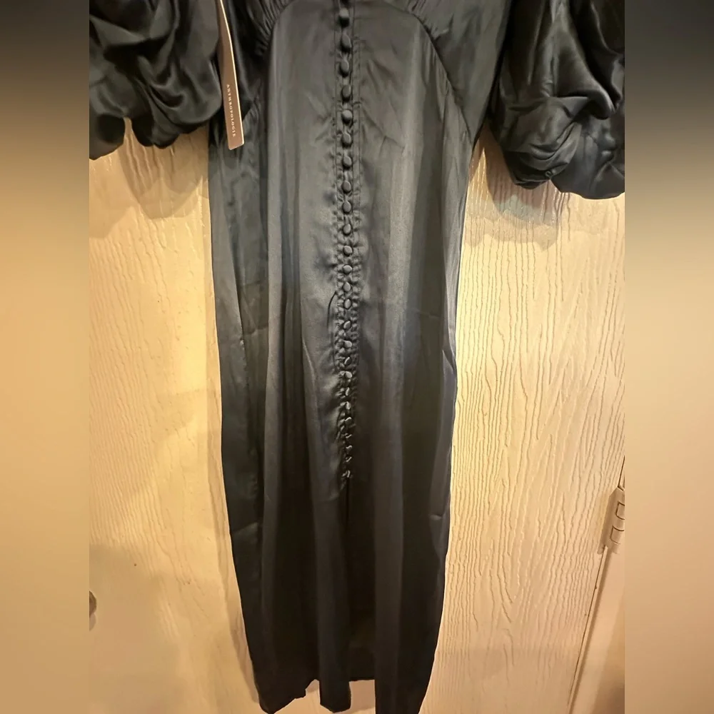 NWT MAGALI PASCAL Navy Baron long dress Puff-Sleeved Midi Dress silk Size M - Picture 8 of 11